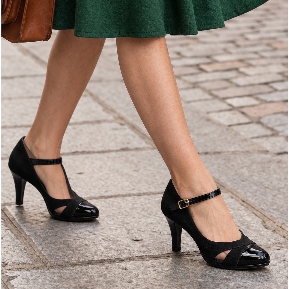 Mary Jane Pumps Womens 7 Black Patent Suede Heels Office Siren Dexflex Comfort